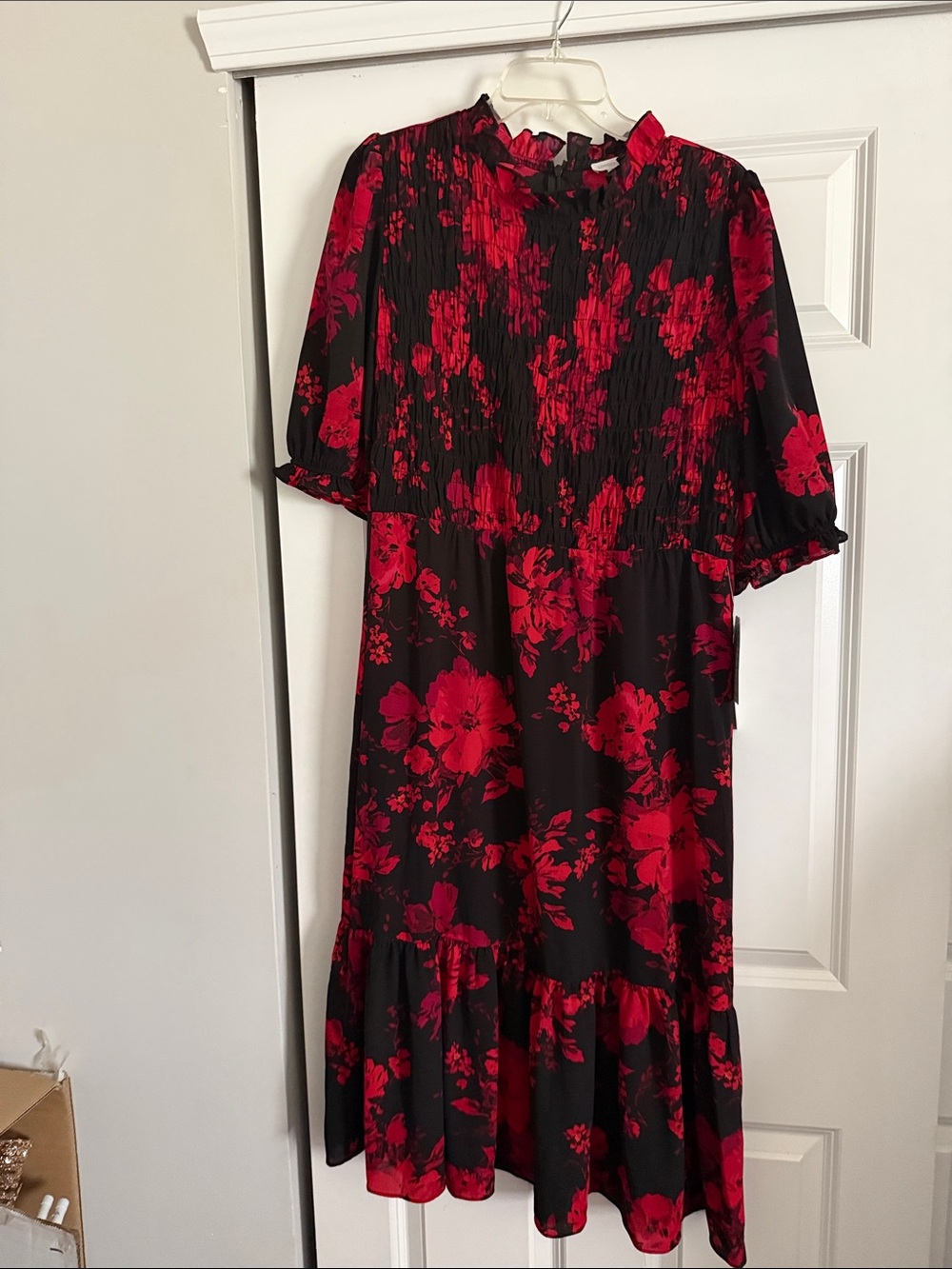 Ruffled Neck Midi Dress in Black with Red Floral Print